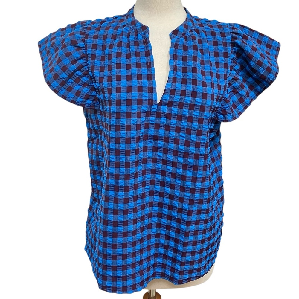 Ann Taylor Factory Blue and Maroon Red Gingham Flutter Sleeve Blouse Medium